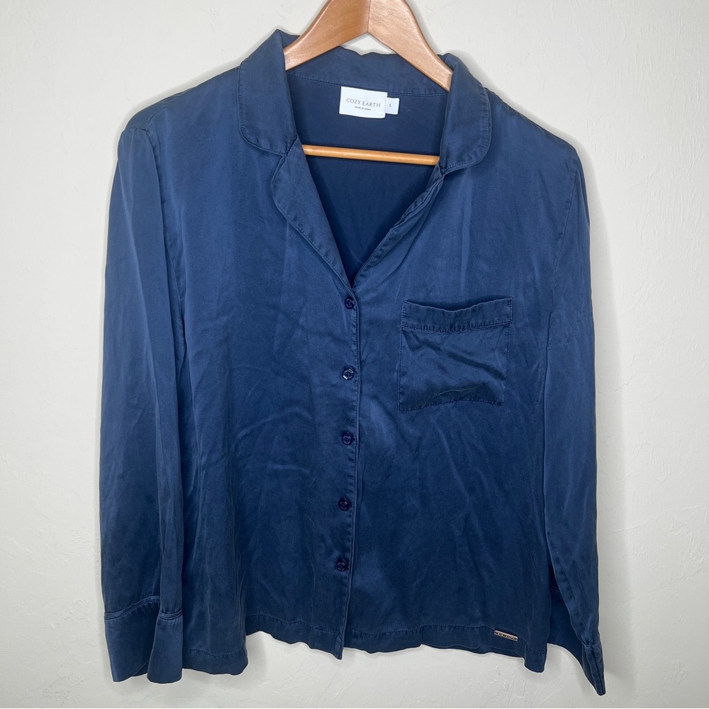 Cozy Earth Serenity Silk Classic Long Sleeve Pajama Top Shirt Button Blue Large